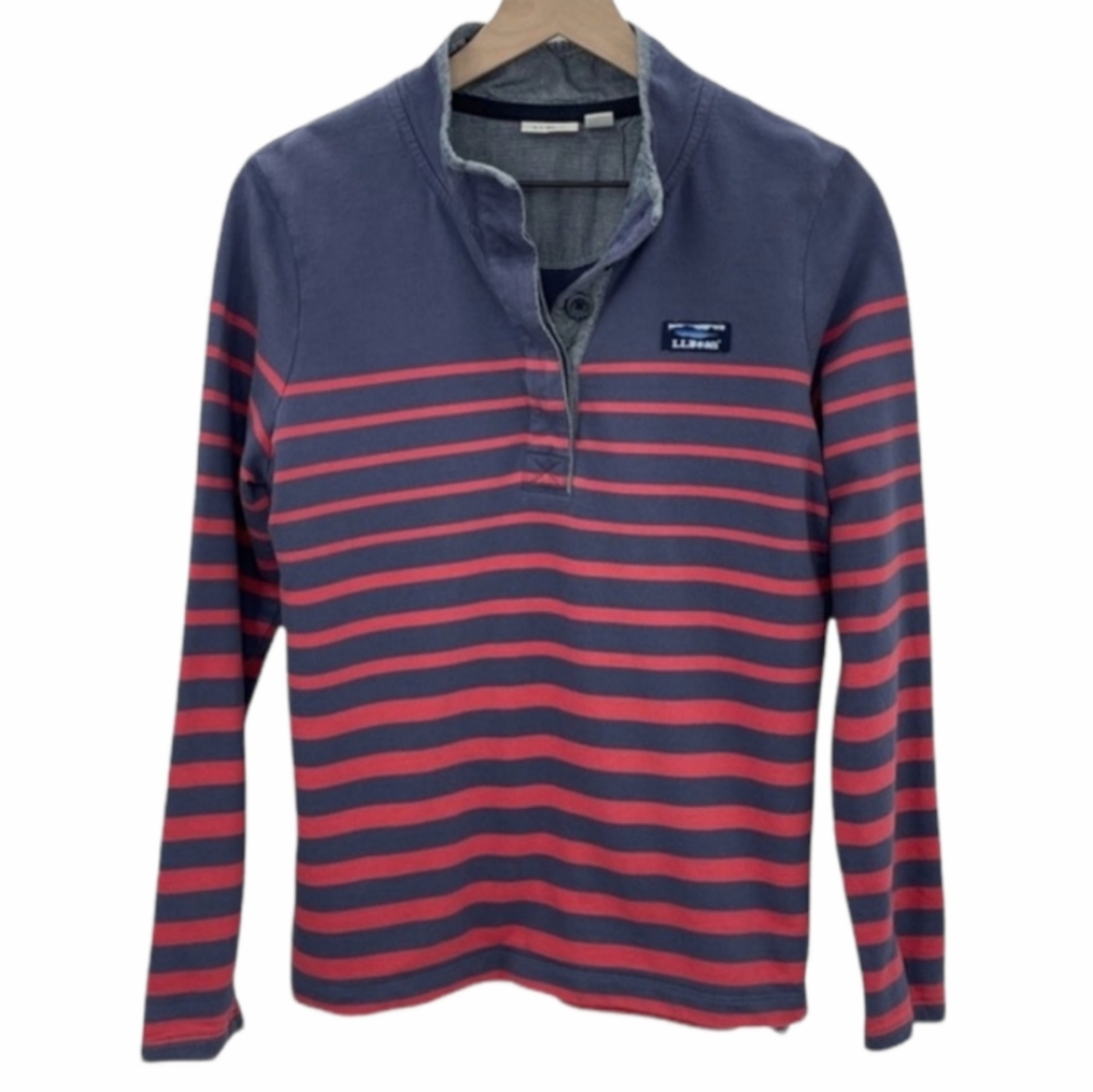 L.L. Bean Women’s Rugby Shirt Red Navy Stripe Soft Cotton High Neck Sz L Petite
